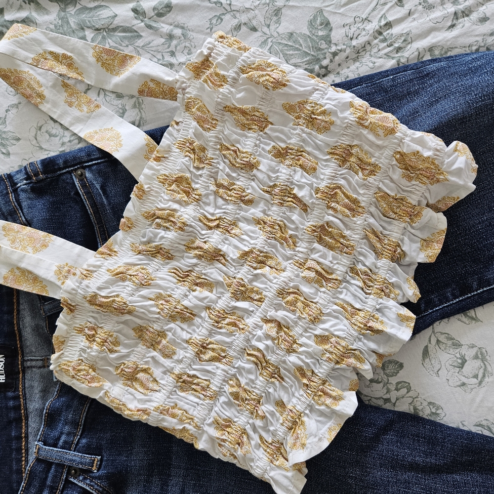 J. Crew White and Gold Smocked Tank Top
